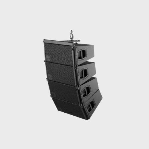 Four-box flown line array cluster with rigging frame